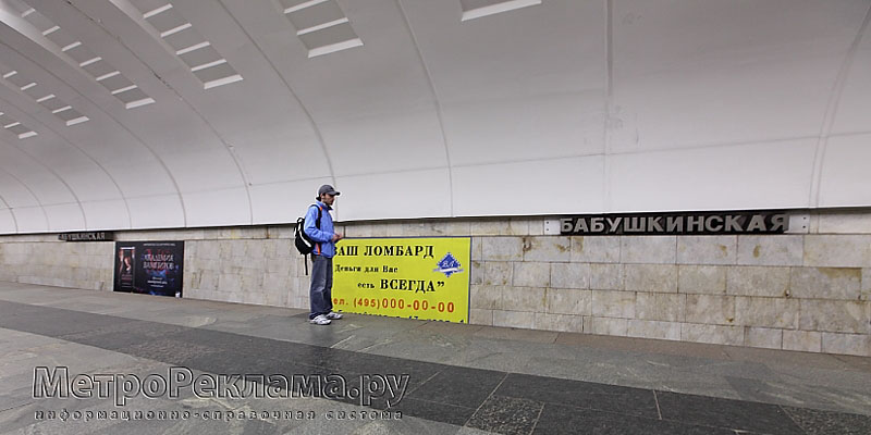 Станция "Бабушкинская". Станционный зал. Постеры на путевых стенах размером 4,0 х 2,0 м.